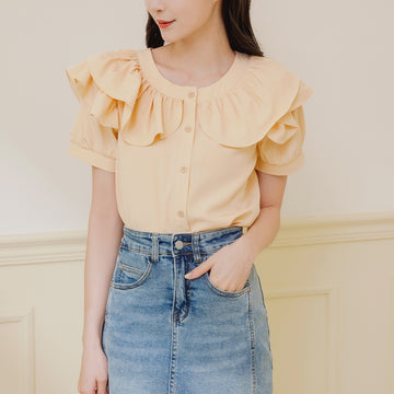 Casual Korean Ruffles Button Short Sleeve Blouse Shirt Top