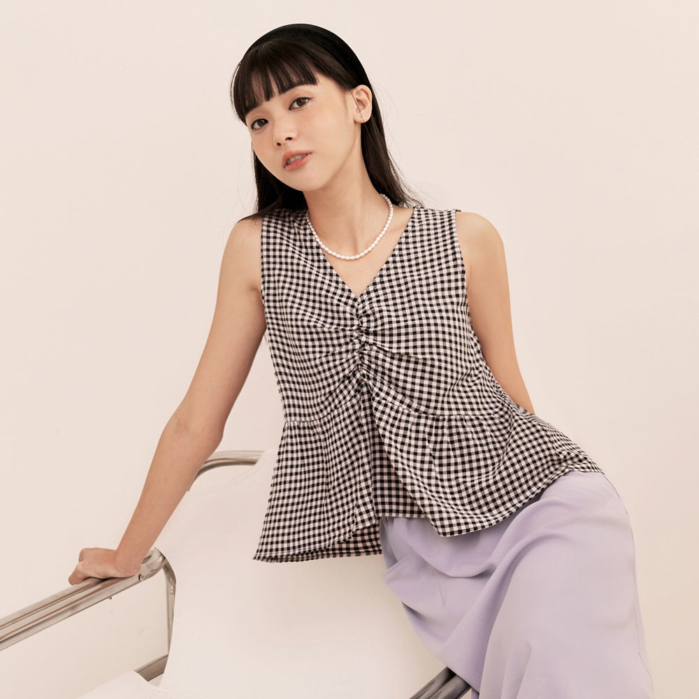 Korean Casual Ruched Checks Sleeveless Peplum Tank Top