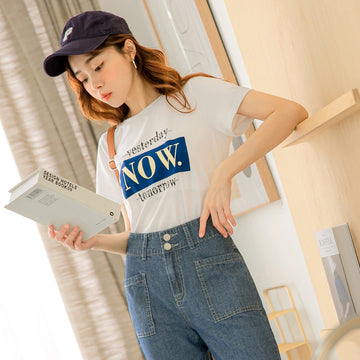 Basic Cotton Round Neck Graphic Letter Print Short Sleeve Top