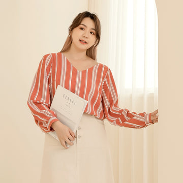 V-Neck Stripe Puff Sleeve Chiffon Top