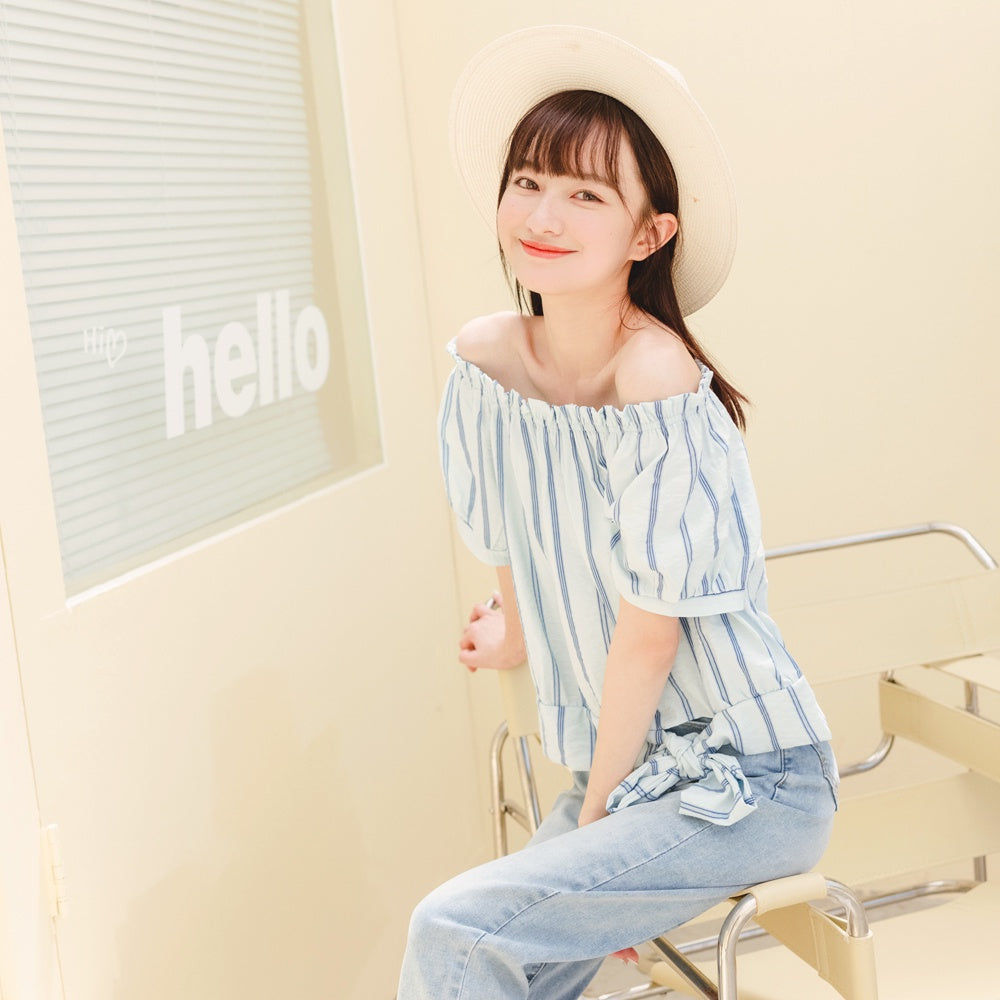 Korean Off Shoulder Hem Striped Print Top