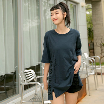 Cotton Letter Print Slit Short Sleeve Top