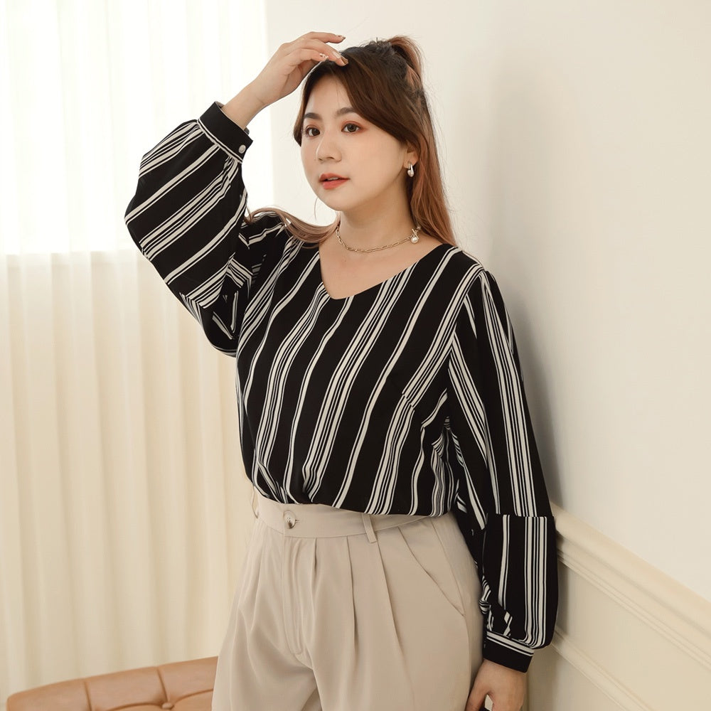 V-Neck Stripe Puff Sleeve Chiffon Top