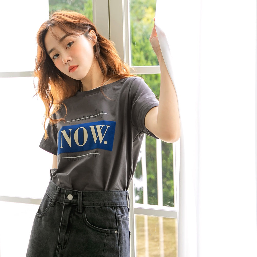 Basic Cotton Round Neck Graphic Letter Print Short Sleeve Top