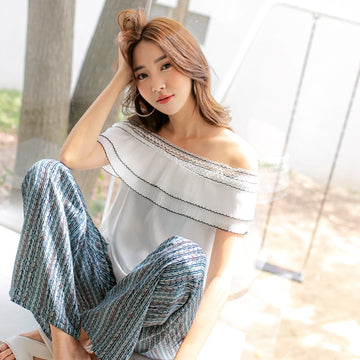 Korean Pleated Ruffle Lace Off Shoulder Top