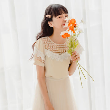 Cooling Chiffon Eyelet Lace Puff Sleeve Top