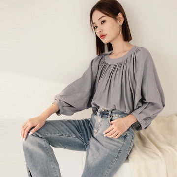 Casual Korean Loose Pleated Batwing Blouse Top