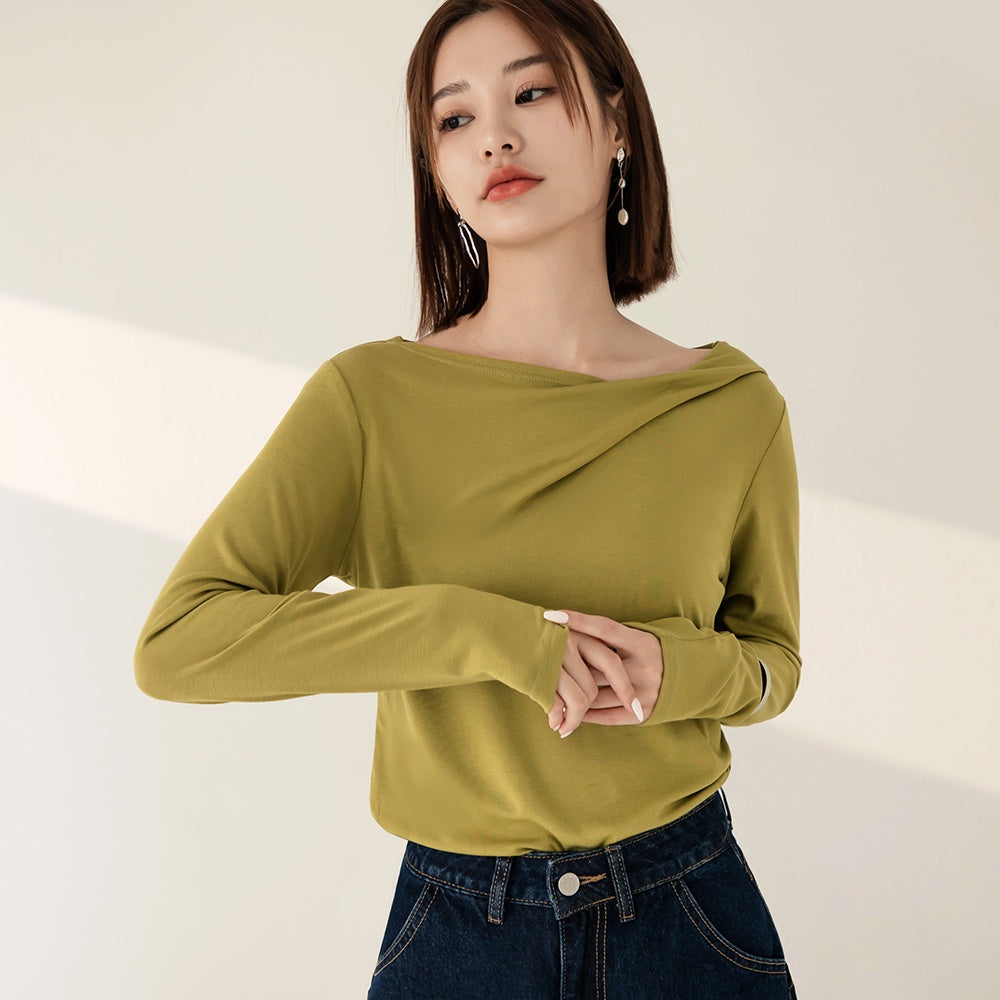 Boat Neck Ruched Long Sleeve Top