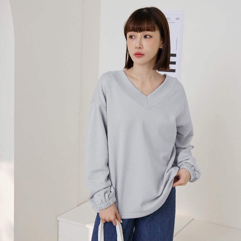 Baic Color V-Neck Loose Sweatshirt Top