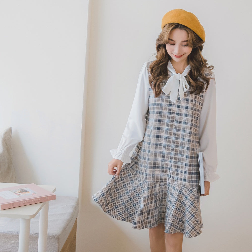 Korean Houndstooth Patchwork Ruffle Sleeve Midi Dress