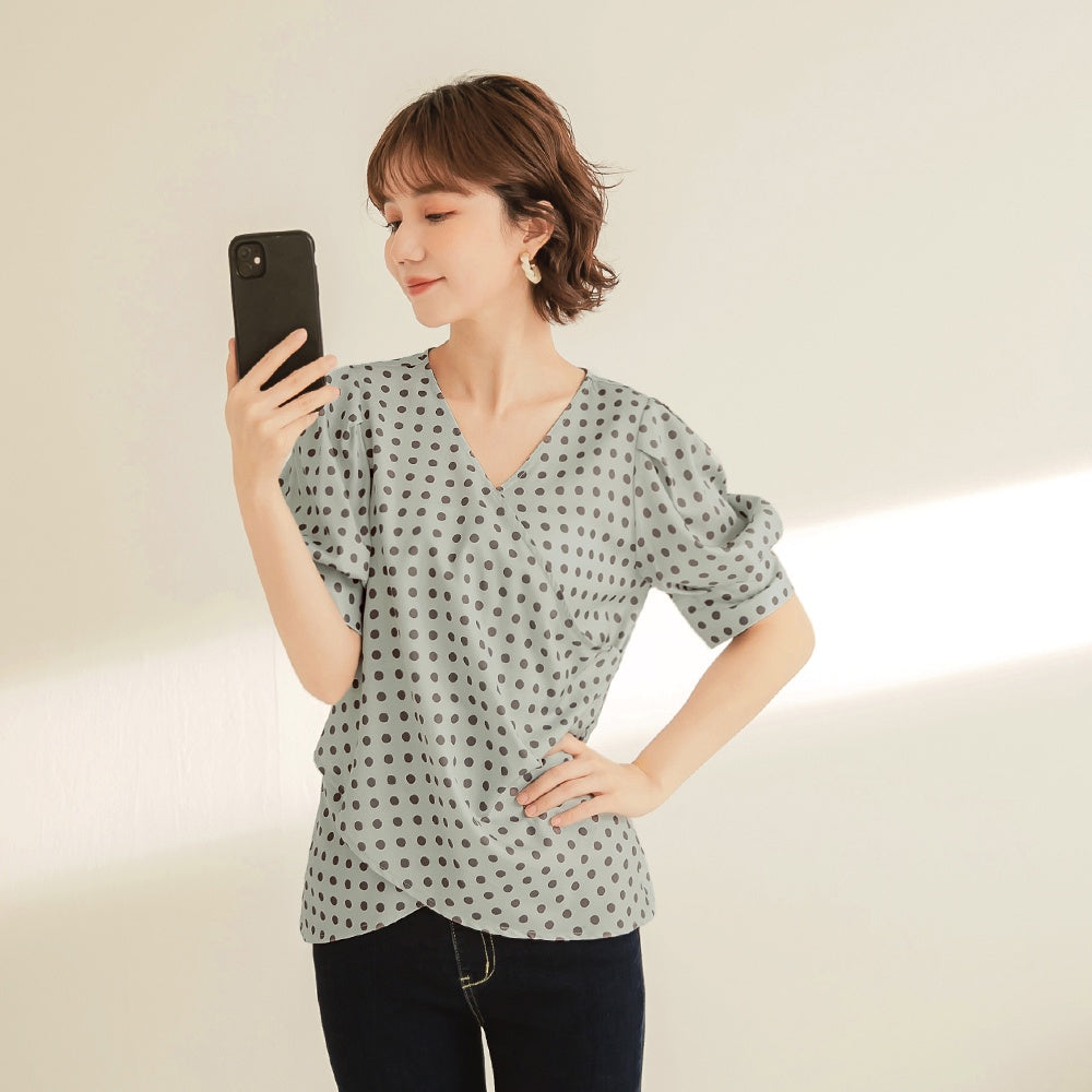 Korean V-Neck Polka Dot Puff Sleeve Cross Hem Top