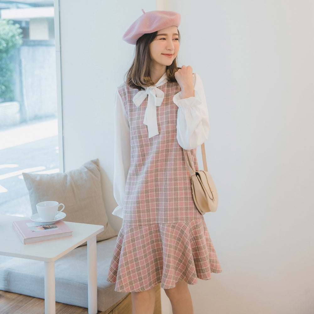 Korean Houndstooth Patchwork Ruffle Sleeve Midi Dress