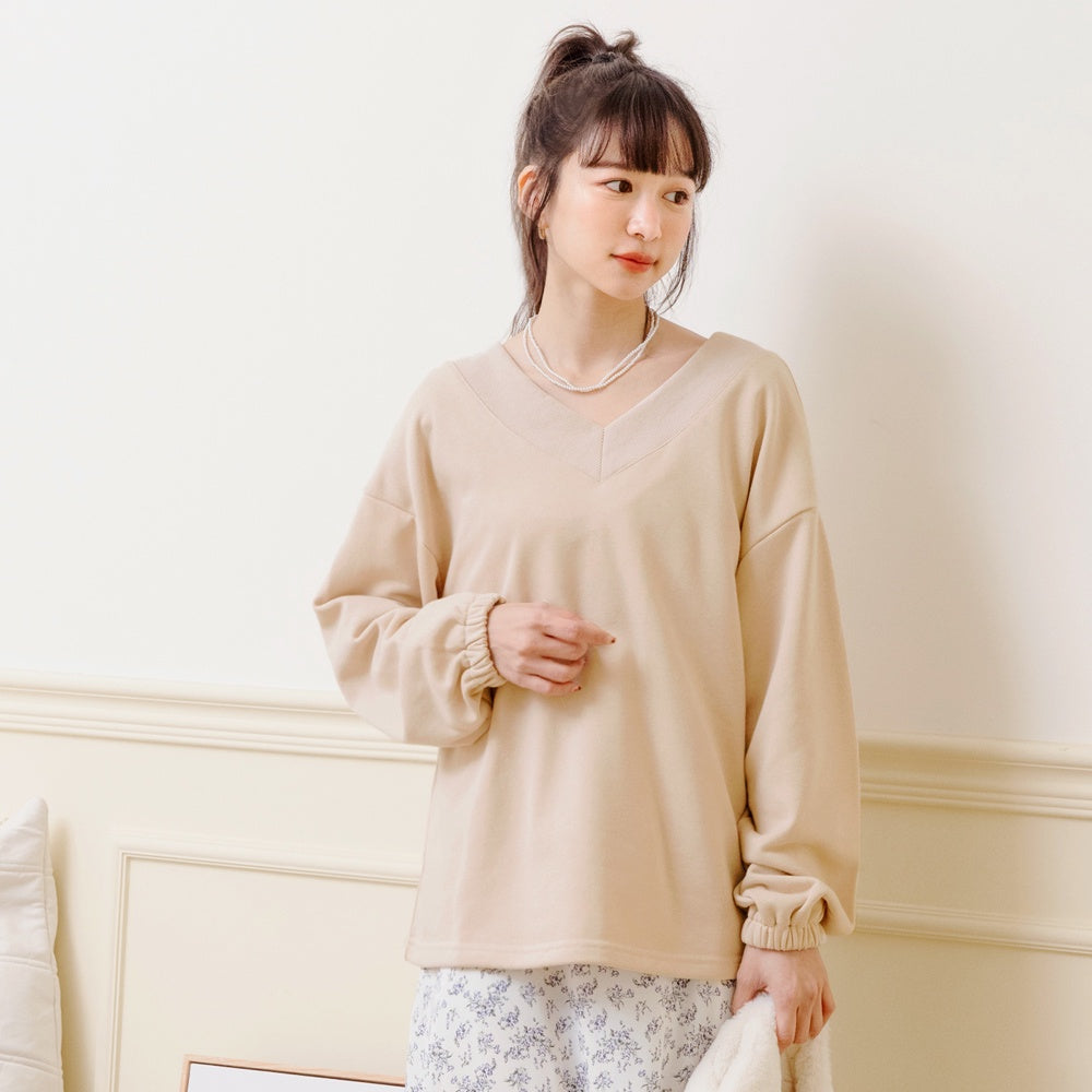 Baic Color V-Neck Loose Sweatshirt Top