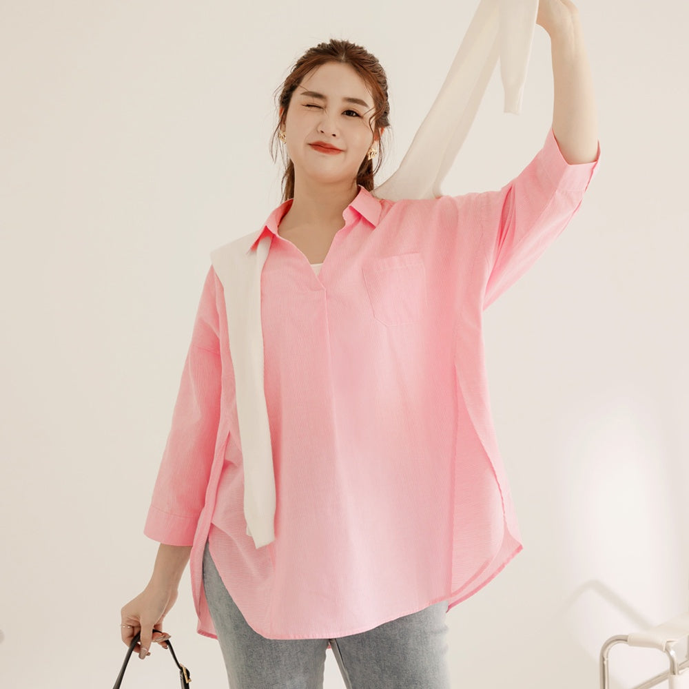 V-Neck Stripe Side Slit 3/4 Sleeve Shirt Top