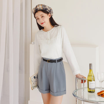 Glossy Eyelet Lace Spliced Button Long Sleeve Top