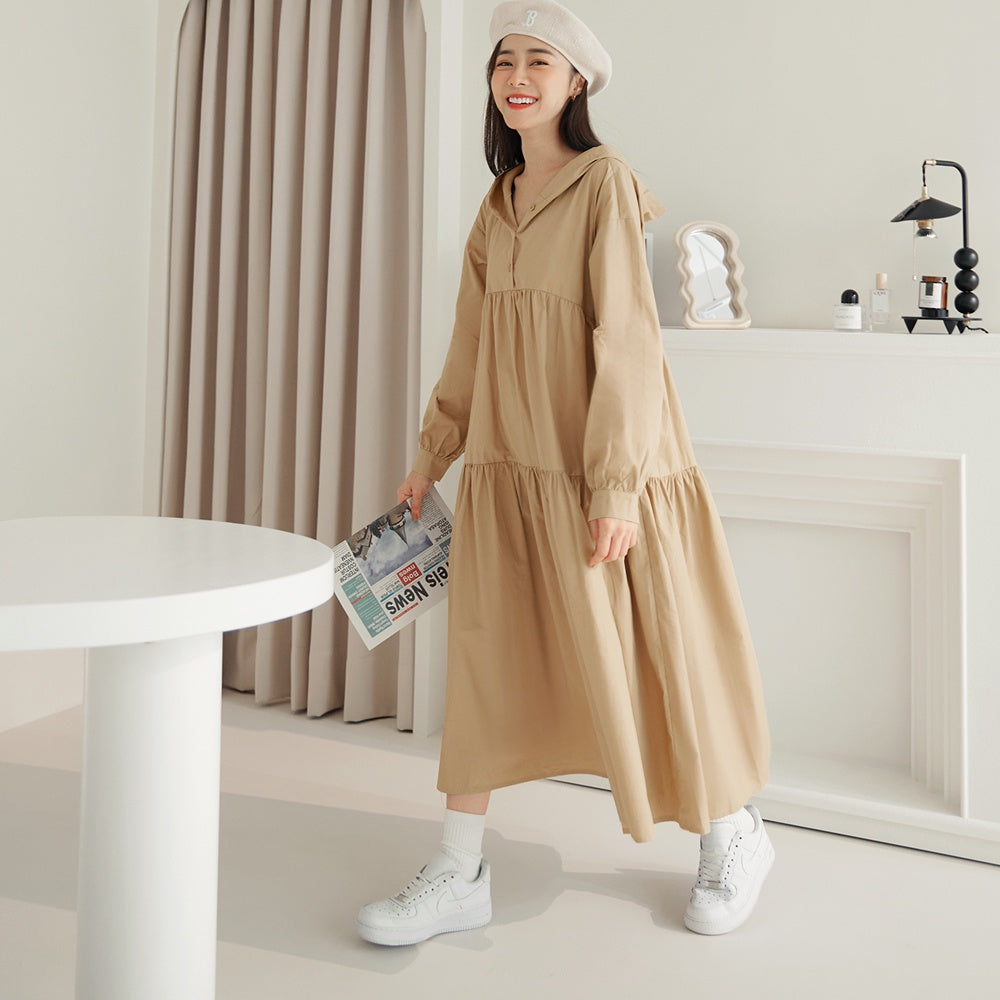 Casual Cotton Hooded Long Maxi Tiered Dress