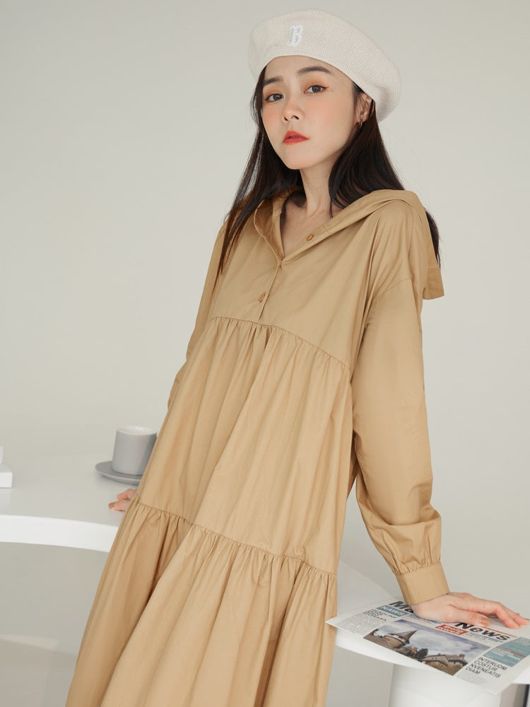 Casual Cotton Hooded Long Maxi Tiered Dress