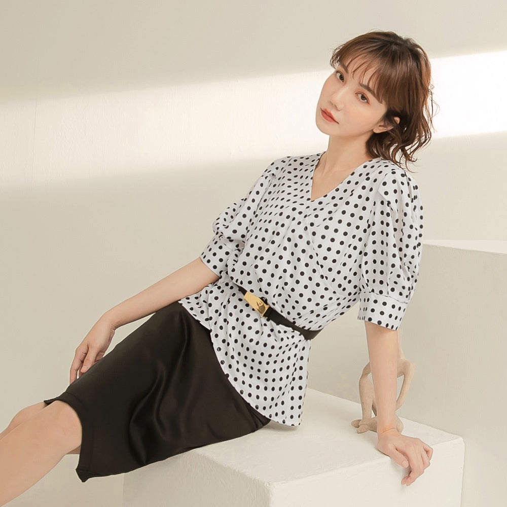 Korean V-Neck Polka Dot Puff Sleeve Cross Hem Top