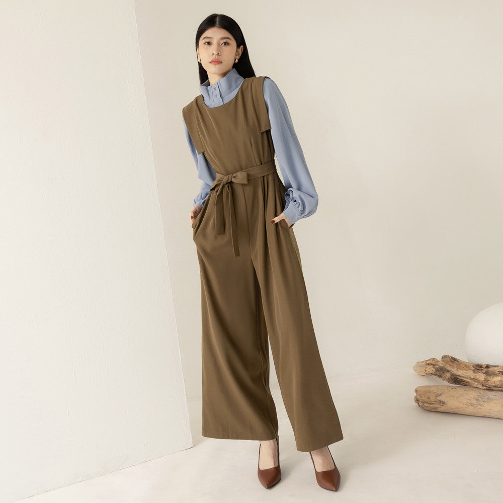 Basic Wrinkle Free Sleeveless Long Jumpsuit Pants