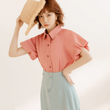 Korean Button Short Puff Sleeve Cotton Shirt Top