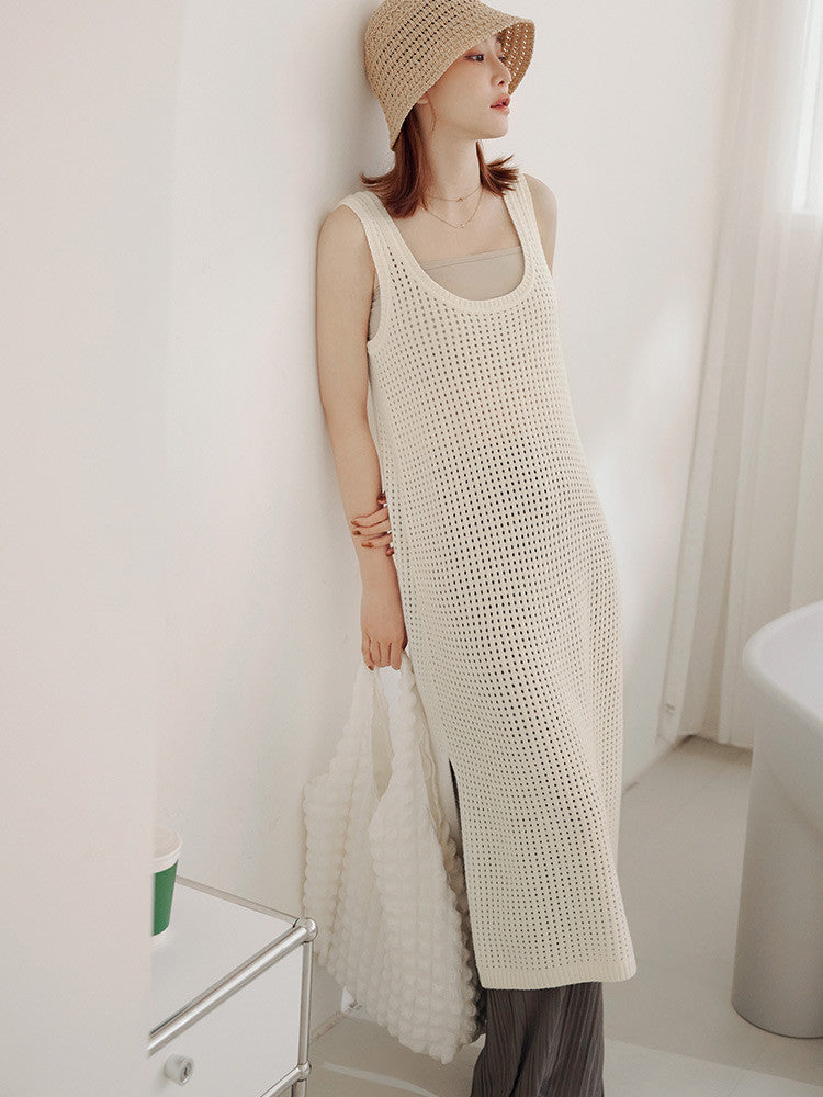 Casual Hollow Knit Long Tunic Sleeveless Vest Top