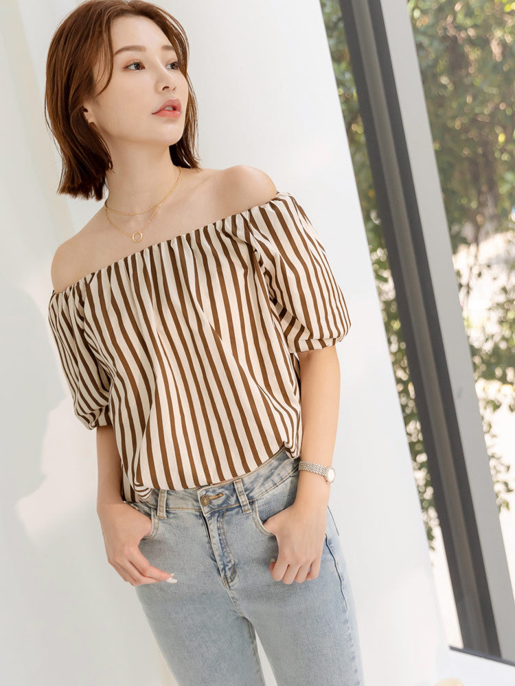 Korean Striped Cotton Off Shoulder Blouse Top