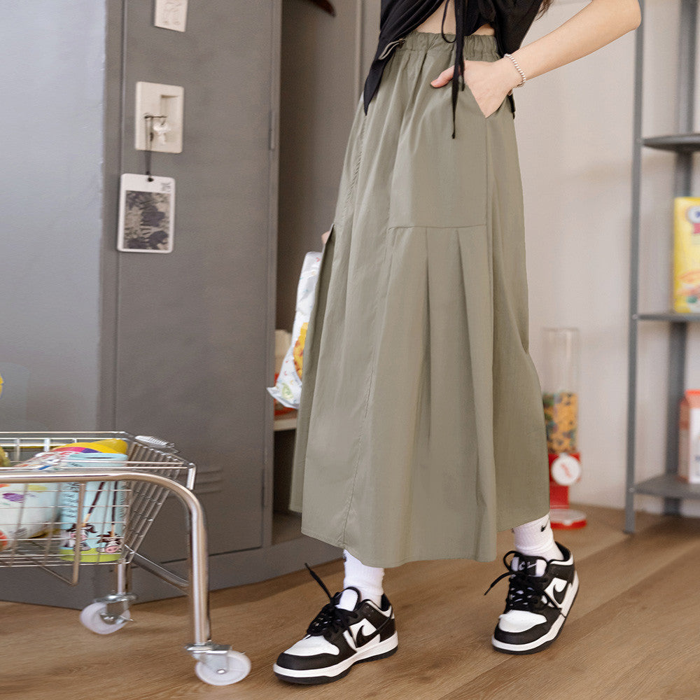 Basic Drawstring Pleated Long Maxi Skirt