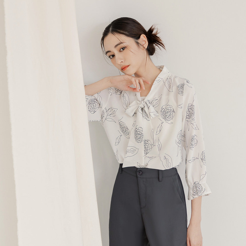 Work Korean Rose Print Front Tie Blouse Top