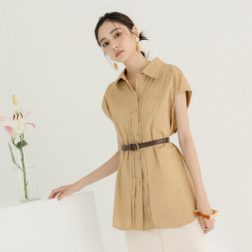 Work Korea Long Pleated Cotton Short Sleeve Shirt Top