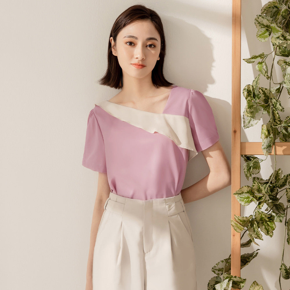 Korean Colorblock Ruffle Short Sleeve Blouse Top