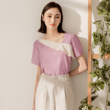 Korean Colorblock Ruffle Short Sleeve Blouse Top