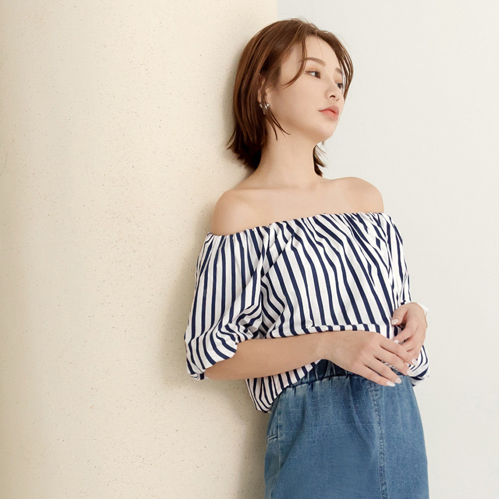 Korean Striped Cotton Off Shoulder Blouse Top