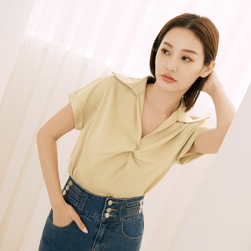 Korean Wrinkle Free Twist Loose Collar Blouse Top