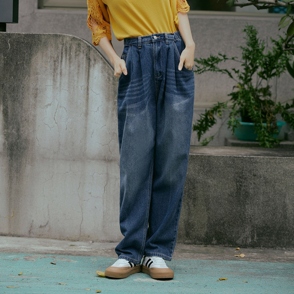 Washed Denim Pleated Loose Jeans Pants