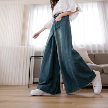 Pleated Long Wide Leg Denim Jeans Pants