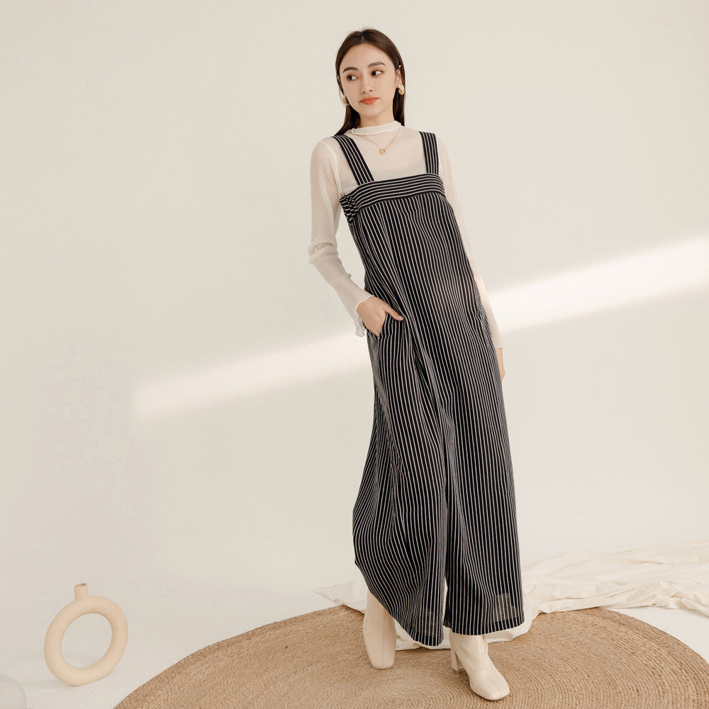 Striped Cotton Long Strap Wide Leg Jumpsuit Pants