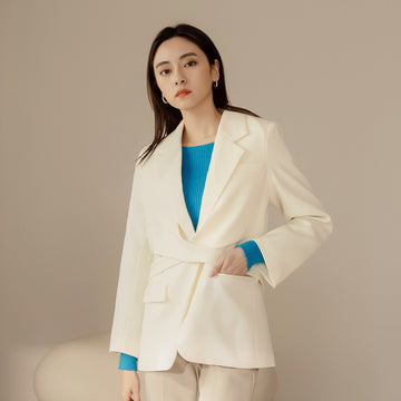 Work Long Wrap Strap Lapel Collar Blazer Jacket