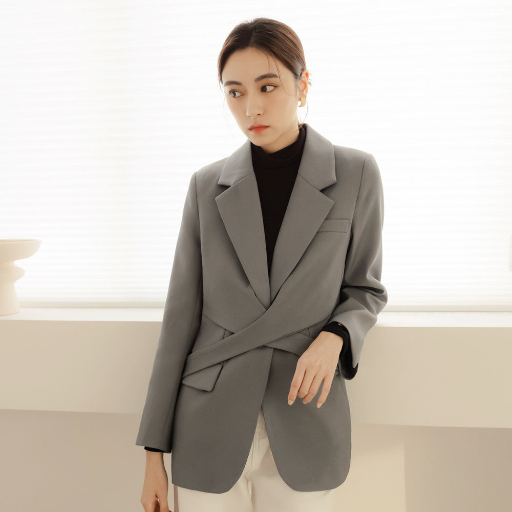 Work Long Wrap Strap Lapel Collar Blazer Jacket