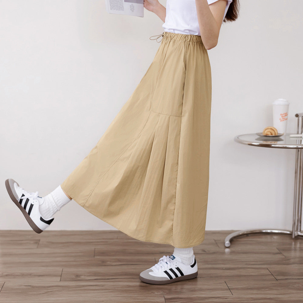 Basic Drawstring Pleated Long Maxi Skirt