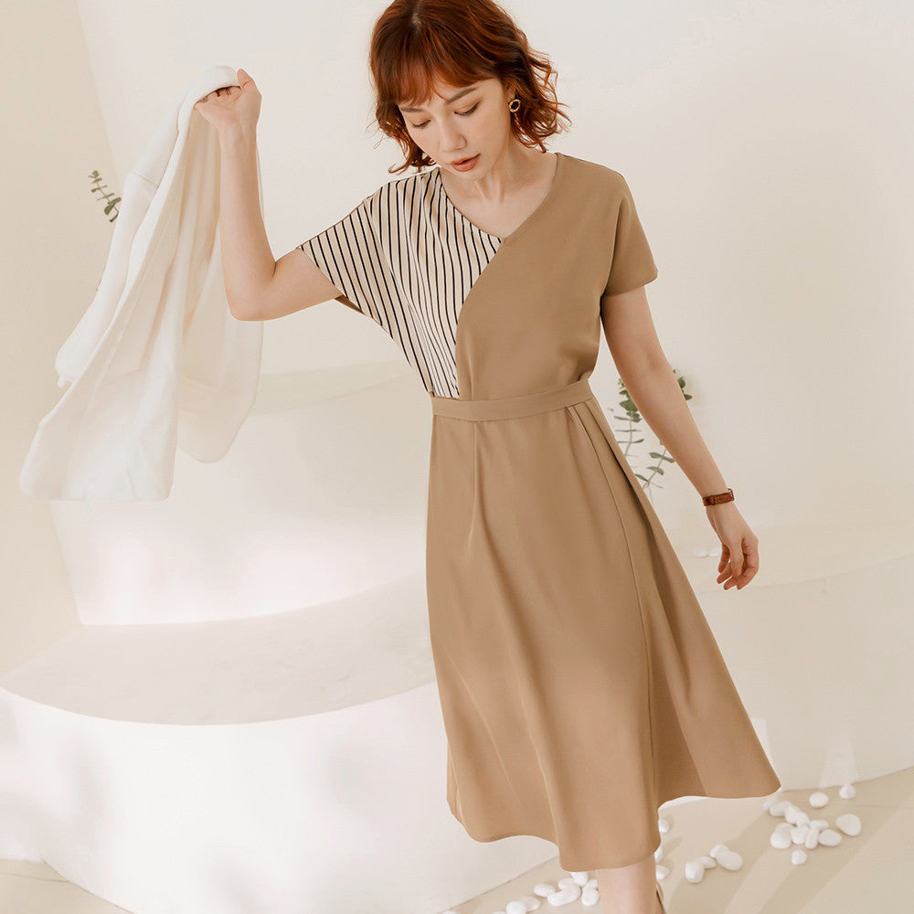 Korean V-Neck Striped Short Sleeve A-Line Midi Dress