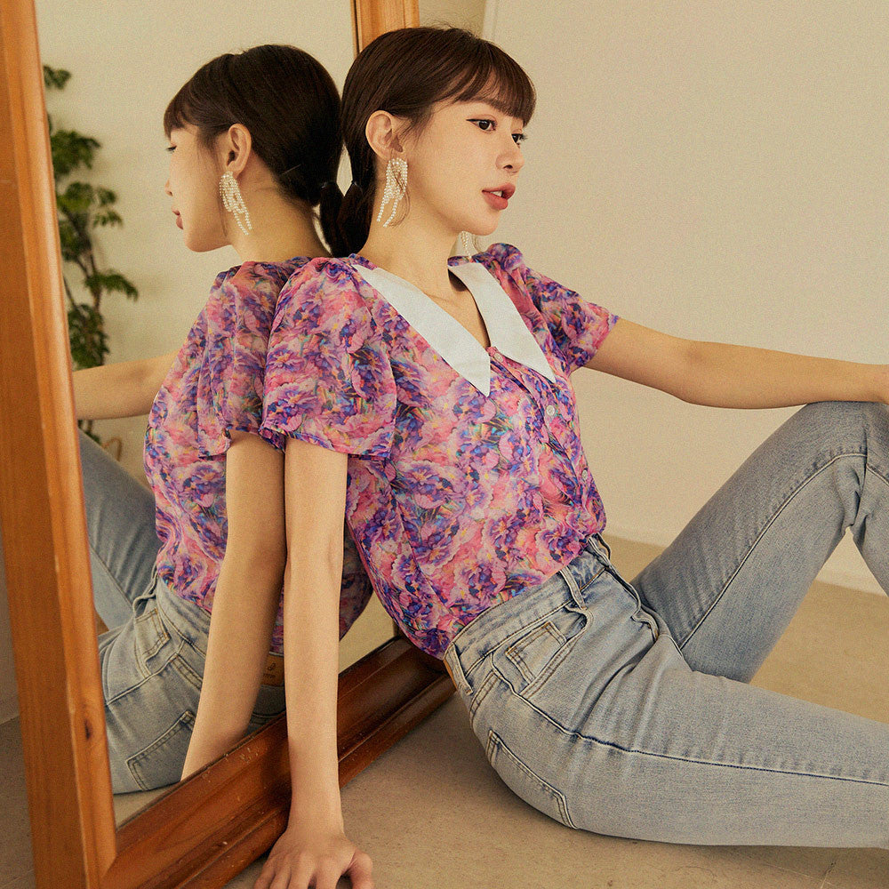 Casual Floral Print Collar Chiffon Button Shirt Top Plus