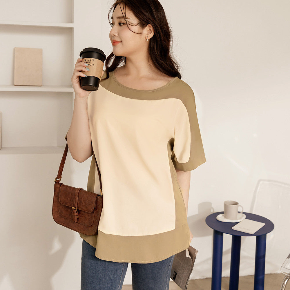 Ob Design Women Colorblock Patchwork Long Loose Blouse Shirt Top Plus Size