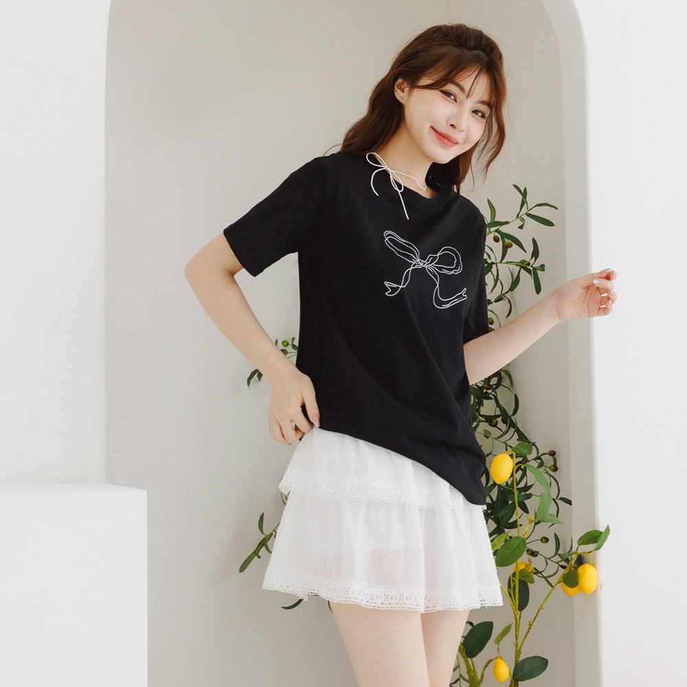 Casual Ribbon Bow Print Cotton Short Sleeve T-Shirt Top