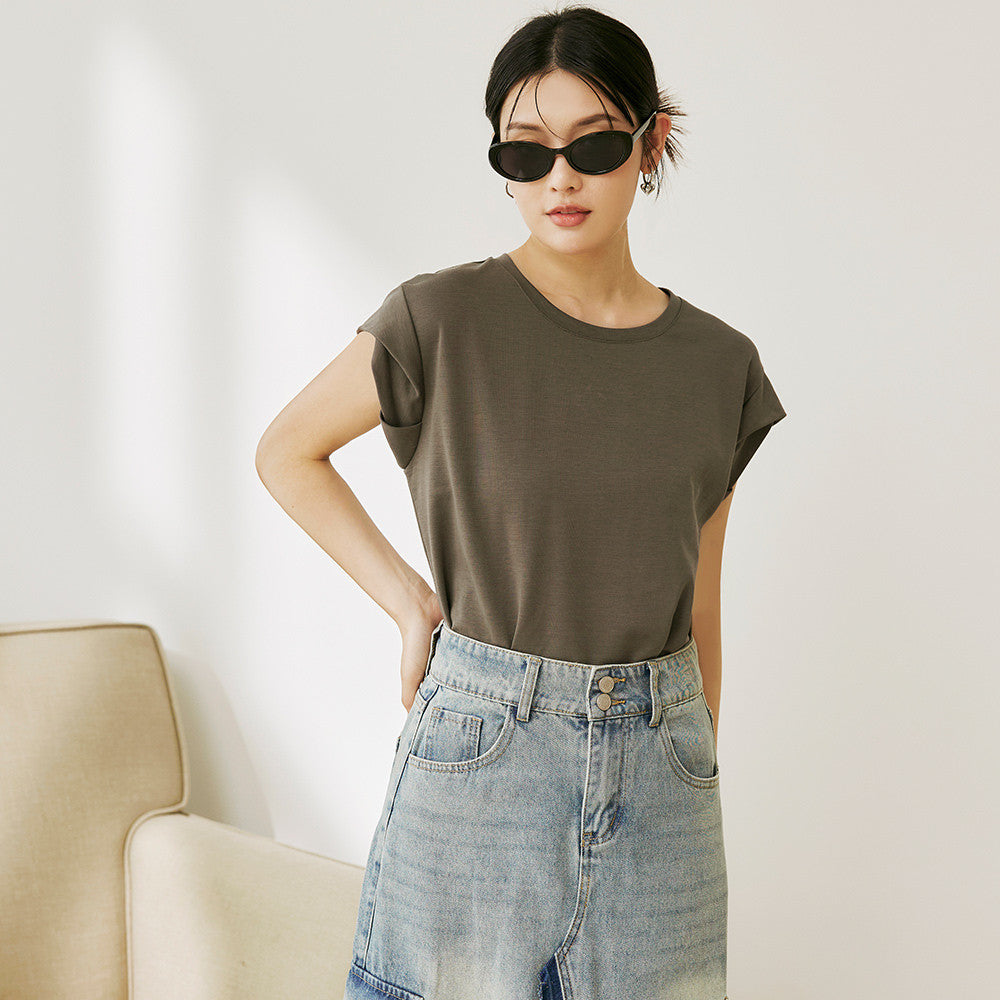 Basic Solid Ruched Sleeve T-Shirt Top