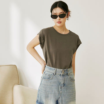 Basic Solid Ruched Sleeve T-Shirt Top