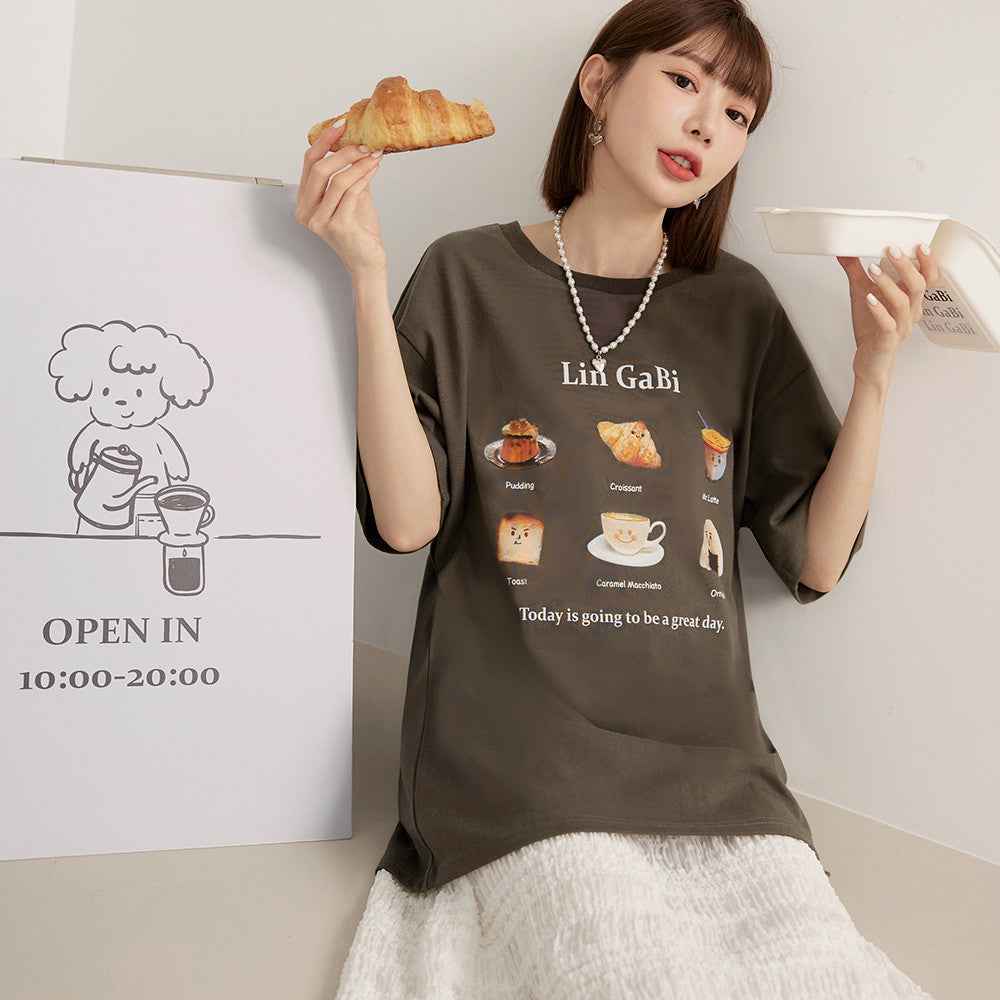 Long Breakfast Print Cotton T-Shirt Top