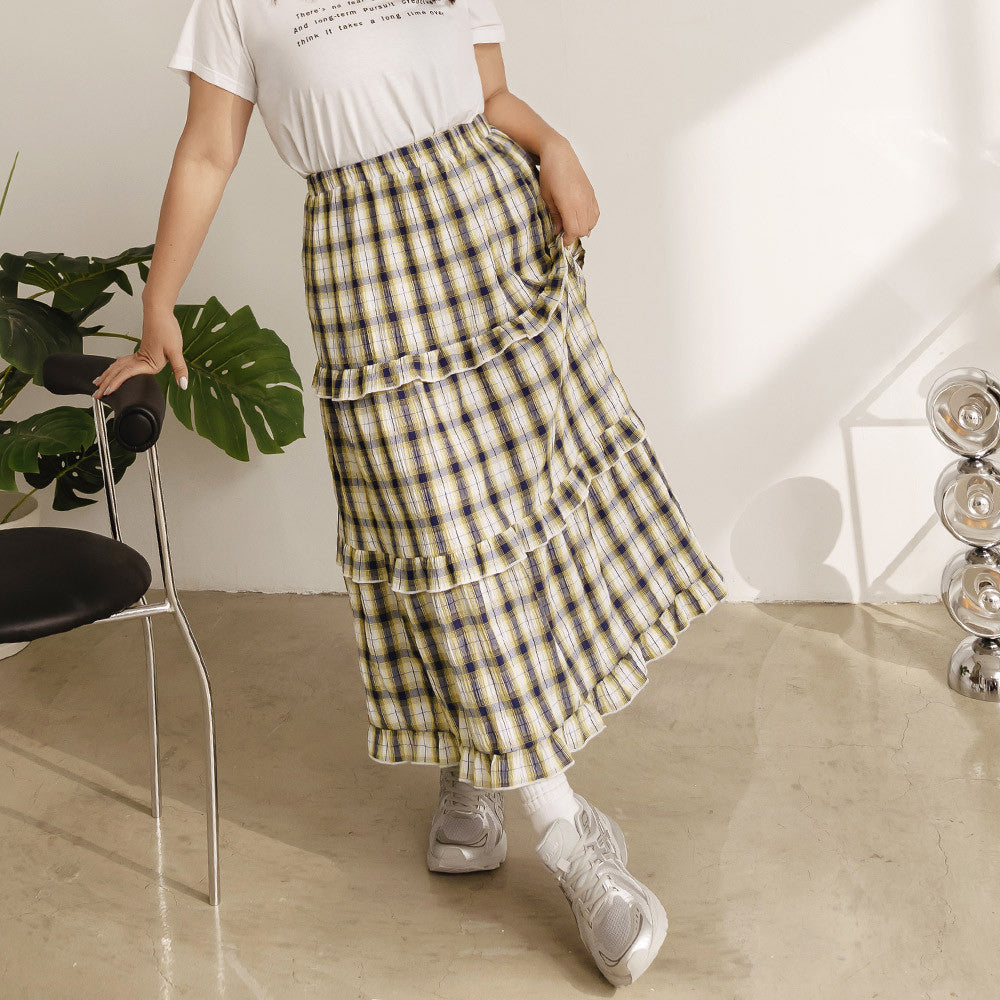 Ob Design Women Casual Long Plaid Ruffle Tiered Maxi Skirt Ob Design Women Casual Long Plaid Ruffle Tiered Maxi Skirt