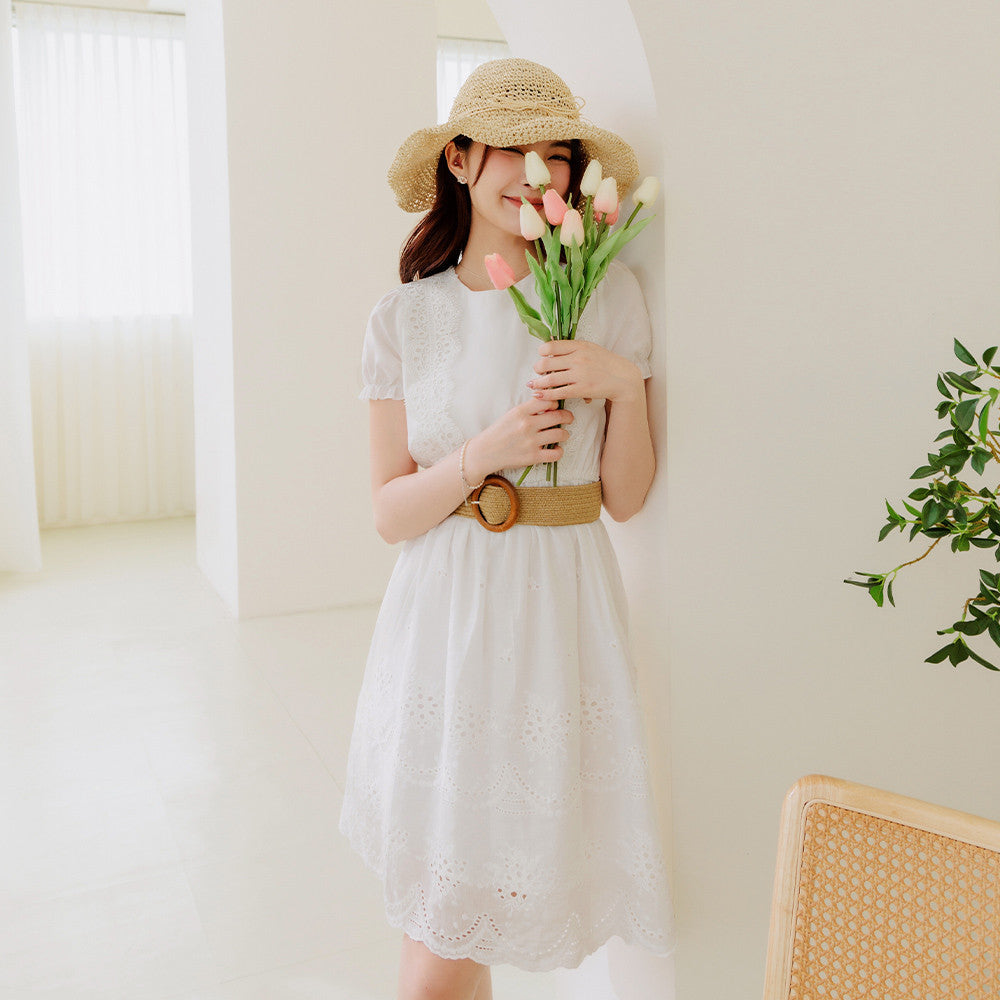 Casual Eyelet Cotton A-Line Lace Party Midi Dress