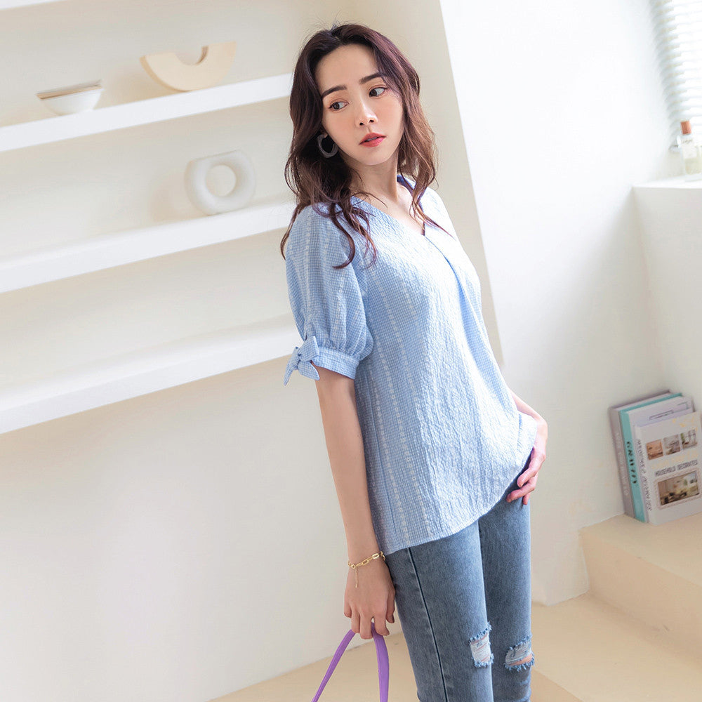 Casual V-neck Embroidered Flower Tie Sleeve Cotton Top