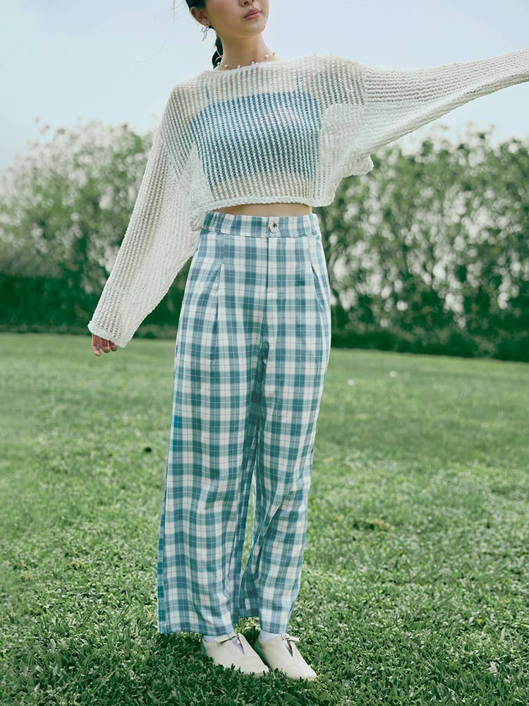 Casual Long Plaid Elastic Waist Straight Pants Trousers